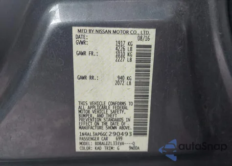 2016 Nissan Altima 2.5 Sv z USA, uszkodzony, nr VIN 1N4AL3AP6GC290493